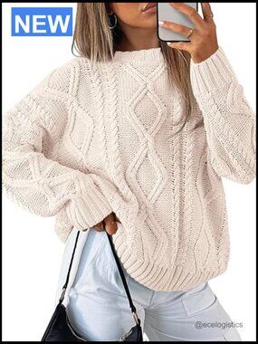 Oversized Cable Knit Crewneck Sweater - Soft Cotton Blend